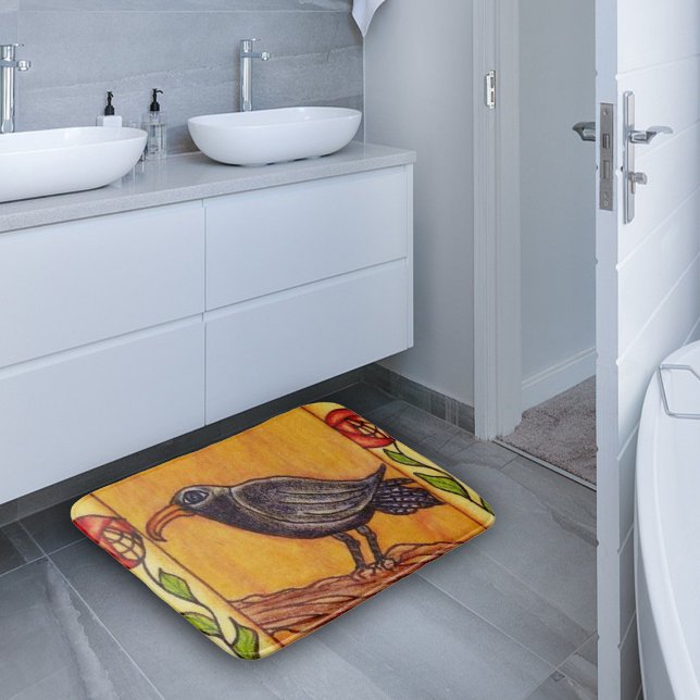 Tapis De Bain Black Crow Art Déco Art folk Rose (Black crow on branch with red flowers on stem on golden yellow bath rug.)