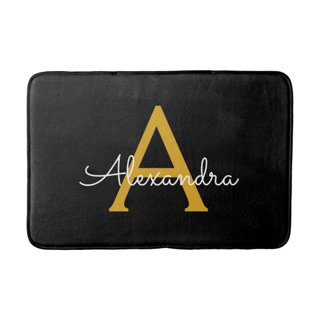 Tapis De Bain Black Gold Modern Script Girl Monogramme Nom (Devant)