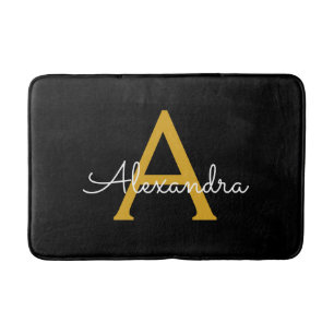 Tapis De Bain Black Gold Modern Script Nom du monogramme de la f