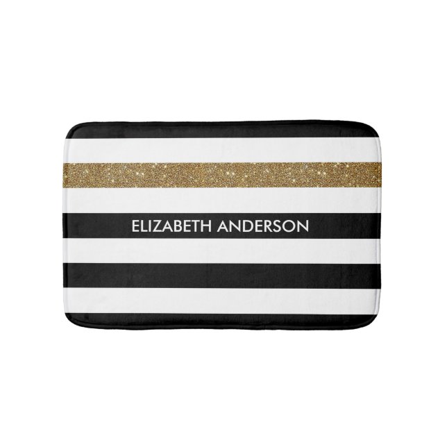 Tapis De Bain Black Stripes FAUX Gold Glitz et Nom (Devant)