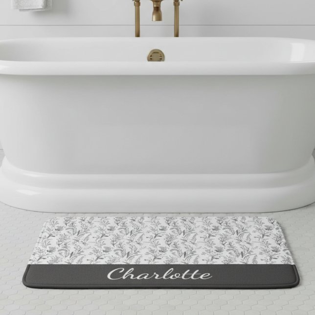 Tapis De Bain Black White Toile Floral Custom Name (black and white toile floral custom name bath mat gift for her house warming party)