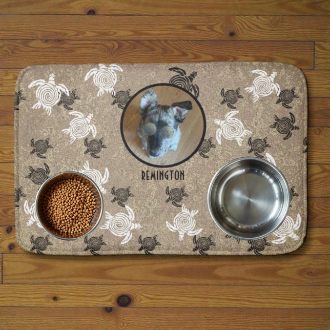 Tapis De Bain Black White Tribal Art Sea Turtles Custom Photo (Cute mat with custom photo and text for a pet area. )