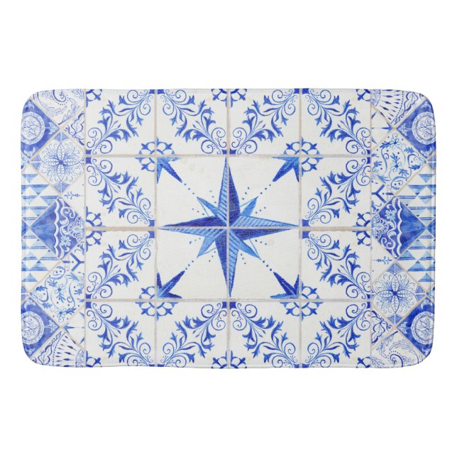 Tapis De Bain Blanc bleu de plage nautique rustique moderne de (Devant)