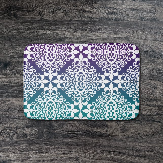 Tapis De Bain Blanc Damask Violet et Turquoise Ombre (Créateur téléchargé)