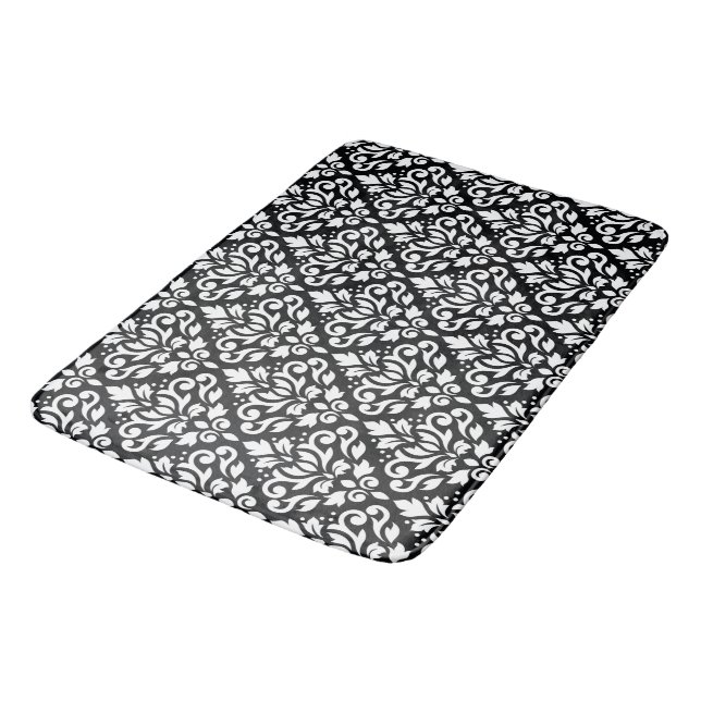 Tapis De Bain Blanc de motif de damassé de rouleau sur le noir (Angle)