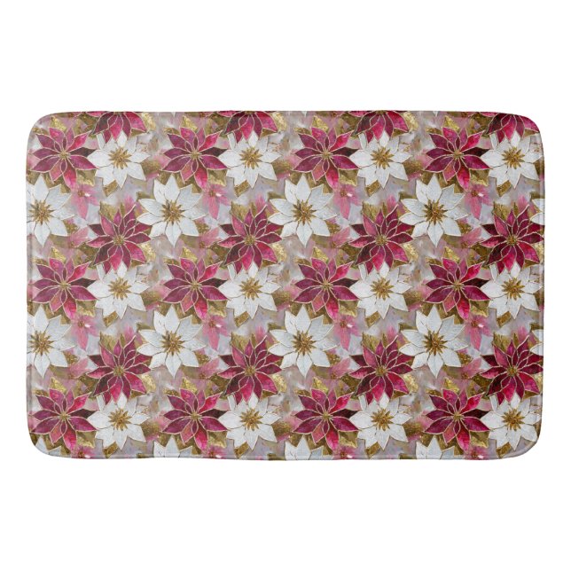 Tapis De Bain Blanc Or Bourgogne rose Poinsettias de Noël (Devant)