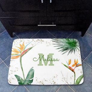 Tapis De Bain Blanc Or Tropical Floral Foliage Nom du monogramme