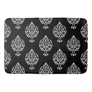 Tapis De Bain Blanc ornemental de motif de damassé sur le noir