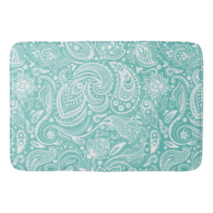 Tapis De Bain Blanc & Turquoise Floral Paisley Motif dentelle