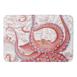 Tapis De Bain Blanc vintage de carte de poulpe rouge