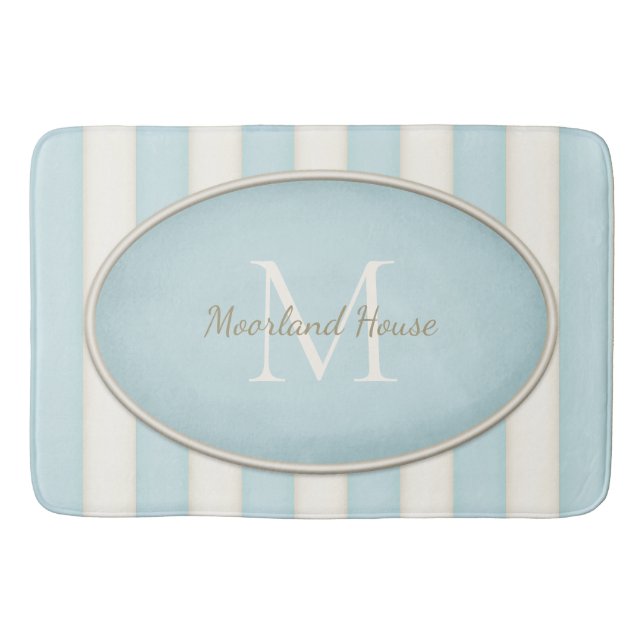 Tapis De Bain Bleu & Antique Grandes Blancs Ovale Monogramme enc (Devant)