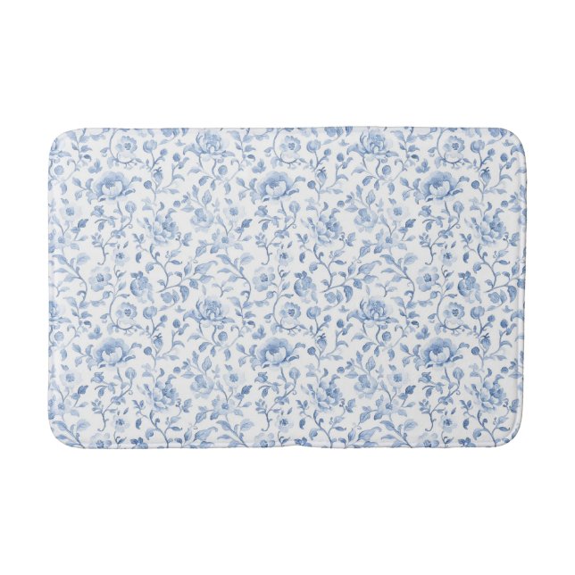 Tapis De Bain Bleu Blanc Floral Romantique  (Devant)