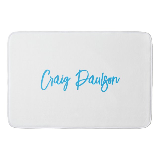 Tapis De Bain Bleu Blanc Votre Nom Calligraphie Unique Minimalis (Devant)