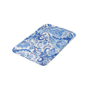 Tapis De Bain Bleu Bleu Blanc Floral Motif Paisley