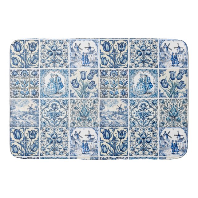 Tapis De Bain Bleu Chic toile blanche de jouy Poupées et fleurs (Devant)