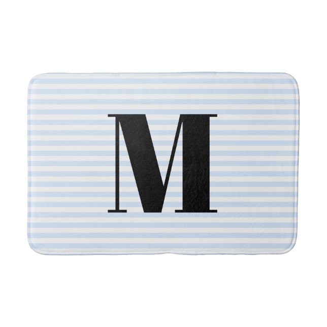 Tapis De Bain Bleu clair personnalisé rayures blanches monogramm (Devant)