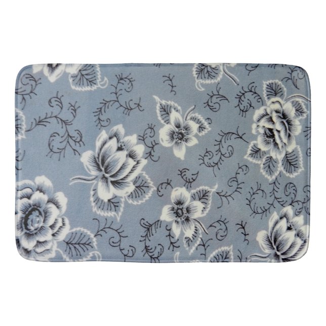 Tapis de bain bleu colonial du motif de fleur | (Devant)