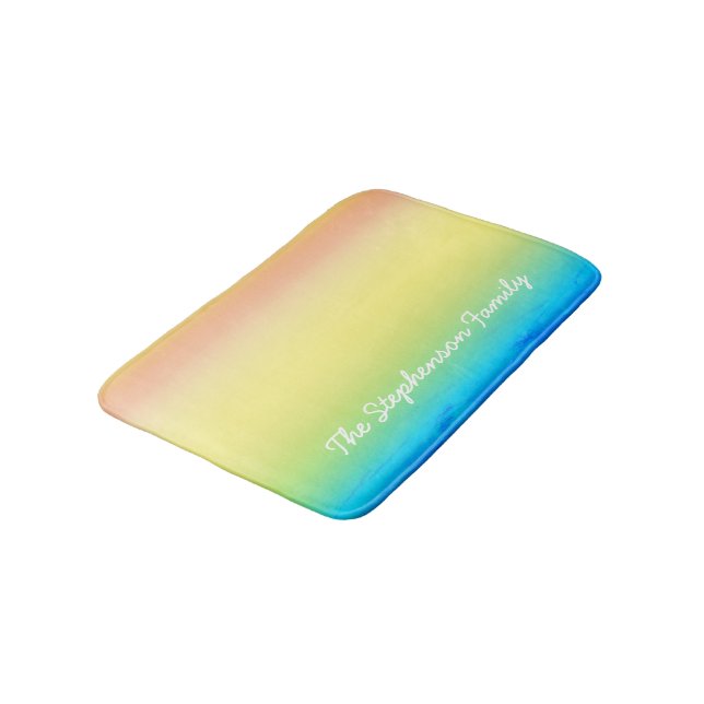 Tapis De Bain Bleu Cool à jaune dégradé et texte blanc (Angle)