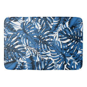 Tapis De Bain Bleu Denim Moyen Feuilles de Palmiers Tropicaux Îl