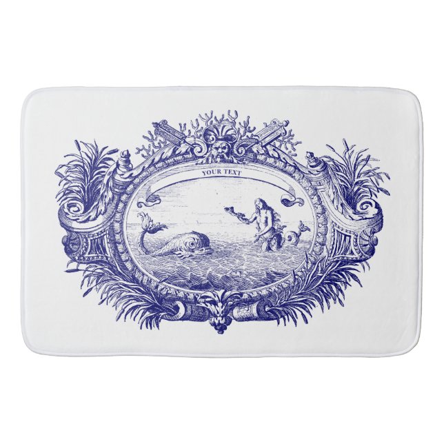 Tapis De Bain Bleu et blanc Rococo mermaid Fish Cartouche (Devant)