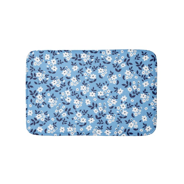Tapis De Bain Bleu, Fleurs blanches : Vintage (Devant)