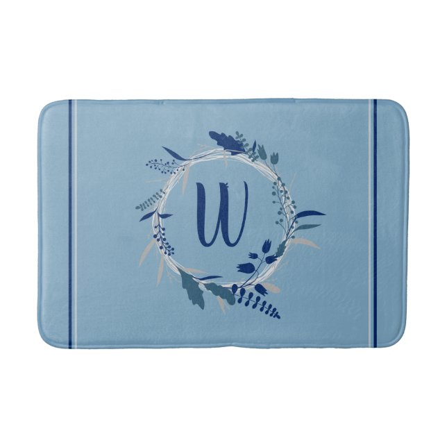 Tapis De Bain Bleu Floral Wreath Custom Monogram Stripes (Devant)