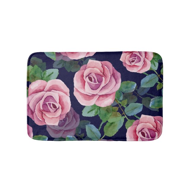 Tapis De Bain Bleu foncé, Roses Roses Rose Aquarelle. (Devant)