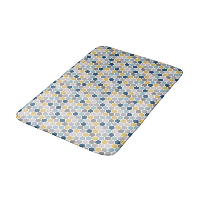 Tapis de bain bleu, jaune et gris (Angle)