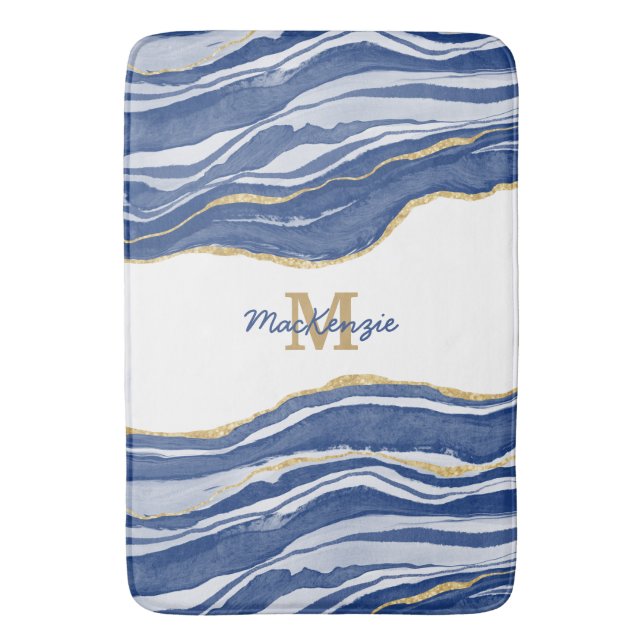 Tapis De Bain Bleu Marbre Agate Or Parties scintillant Monogramm (devant Vertical)