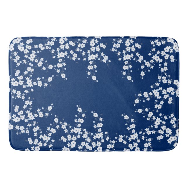 Tapis De Bain Bleu marine blanc cerisier en fleurs  (Devant)