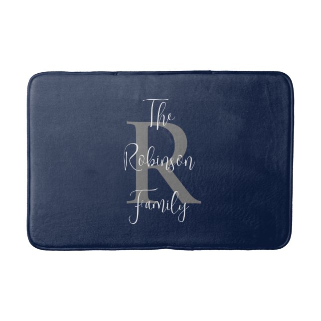 Tapis De Bain Bleu marine blanc nom de famille Monogrammé Classi (Devant)