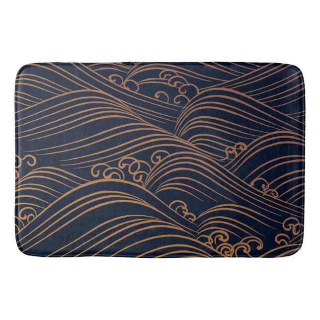Tapis De Bain Bleu marine japonais de motif de vagues et brun (Devant)