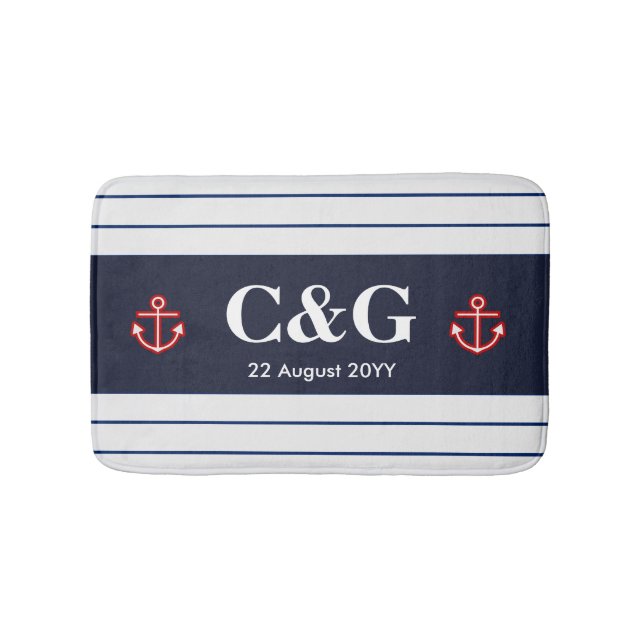 Tapis De Bain Bleu marine Navy rayures blanches (Devant)