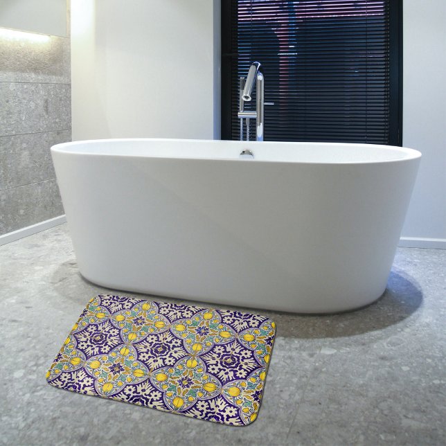 Tapis De Bain Bleu Méditerranée Motif Fleurs Jaunes (Créateur téléchargé)