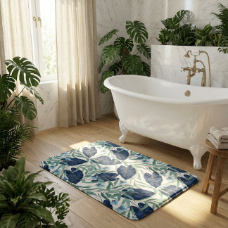 Tapis De Bain Bleu Motif Botanique Tropical Feuilles – Élégant