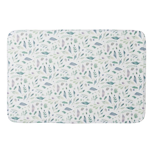 Tapis De Bain Bleu Motif de feuilles traditionnelles sur blanc (Devant)