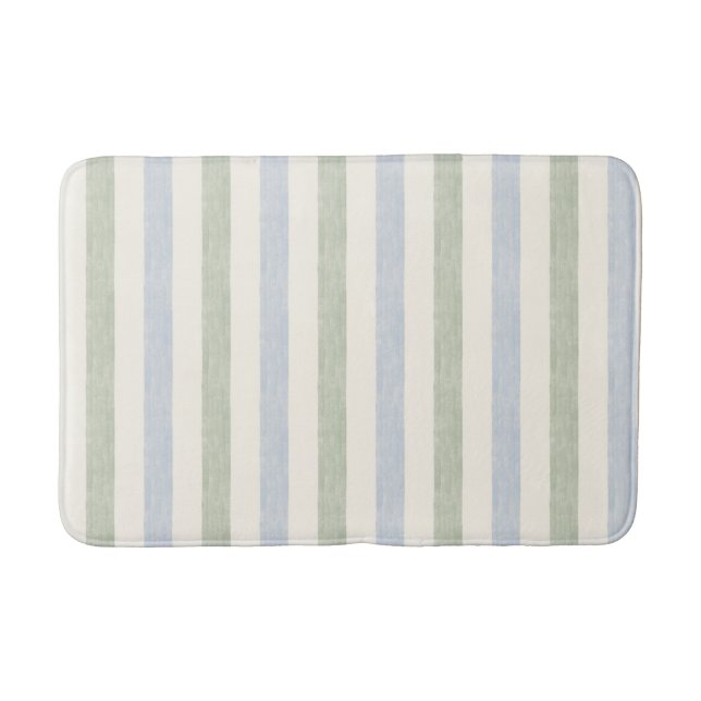 Tapis De Bain Bleu pastel et vert sauge rayé Boho Maison de camp (Devant)