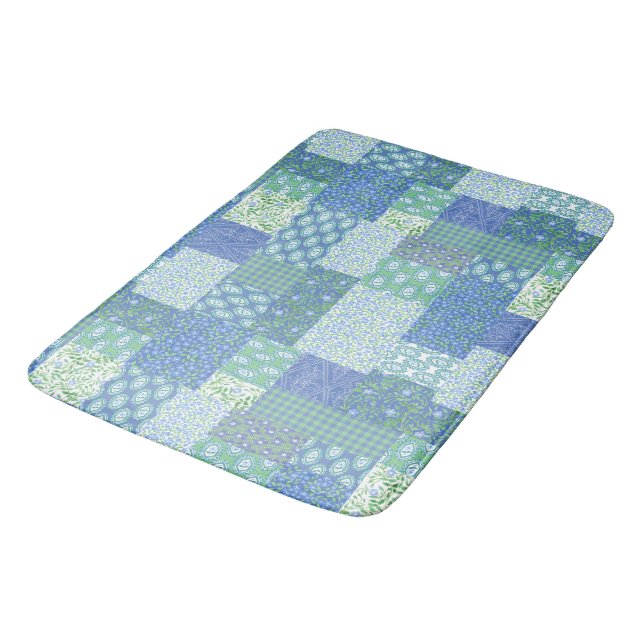 Tapis De Bain Bleu Périwinkle Floral Boho Faux Motif Patchwork (Angle)
