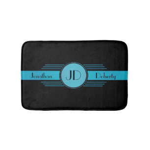 Tapis De Bain Bleu sur noir Monogramme Art Déco