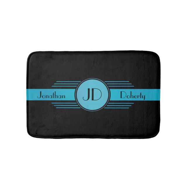 Tapis De Bain Bleu sur noir Monogramme Art Déco (Devant)