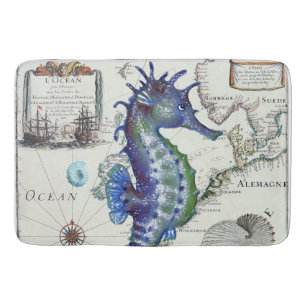 Tapis De Bain Bleu vintage de carte d'hippocampe