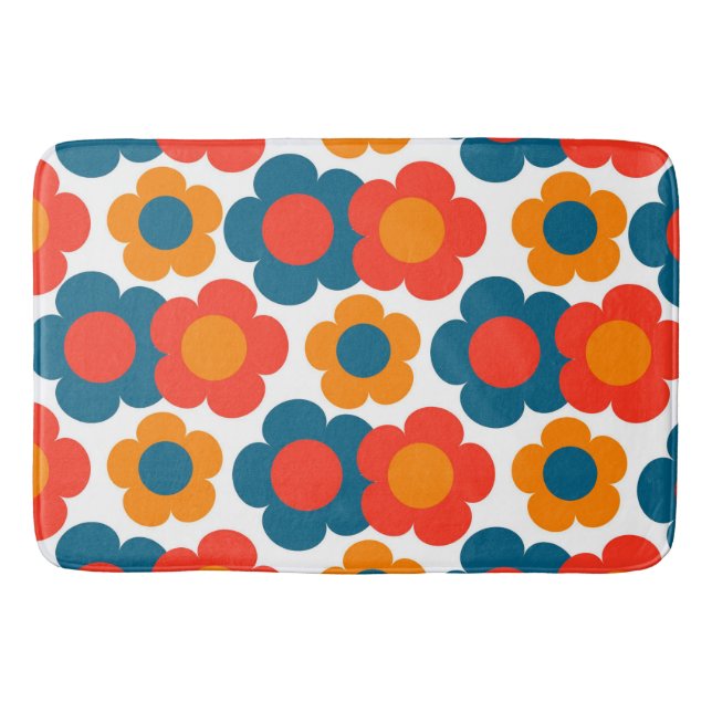 Tapis De Bain Bleu Whimsical & Orange Floral Retro Gourme (Devant)