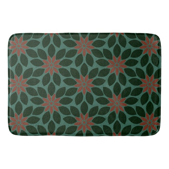 Tapis De Bain Bloc Imprimer Carrelage Fleurs vert foncé rouge (Devant)