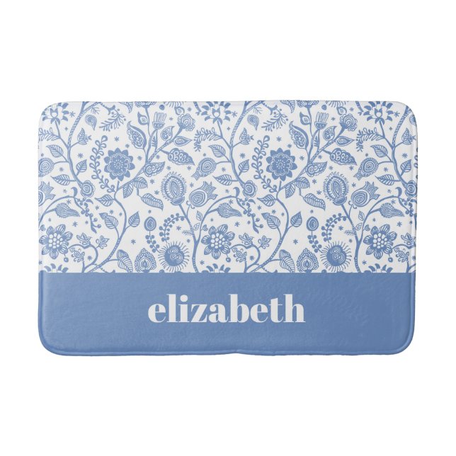 Tapis De Bain Blue and White Floral Custom Name Botanical Modern (Devant)