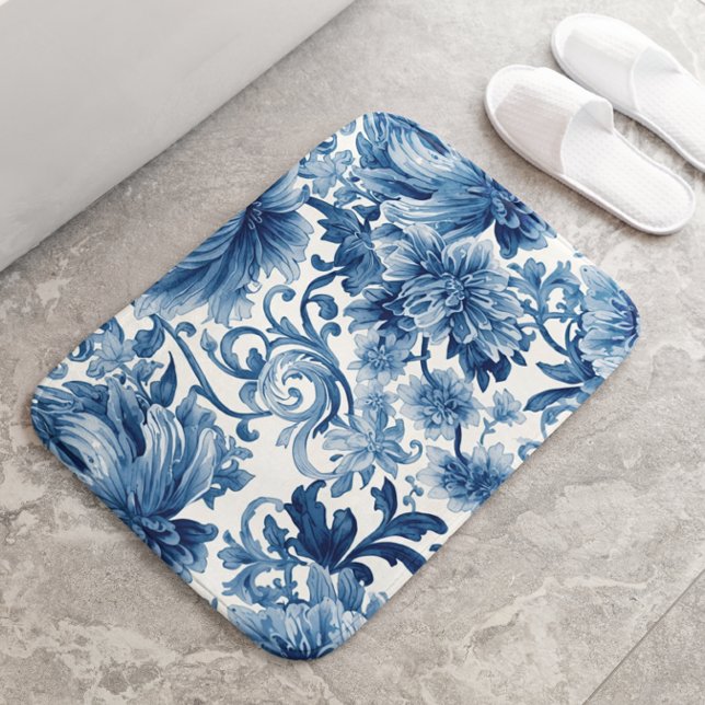 Tapis De Bain Blue Dreams | Floral Watercolor Chinoiserie (Créateur téléchargé)