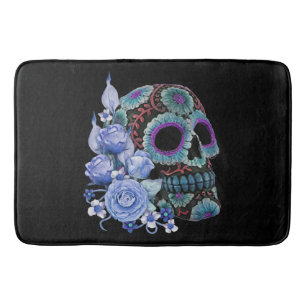 Tapis De Bain Blue Floral Black Sugar Skull Jour des morts