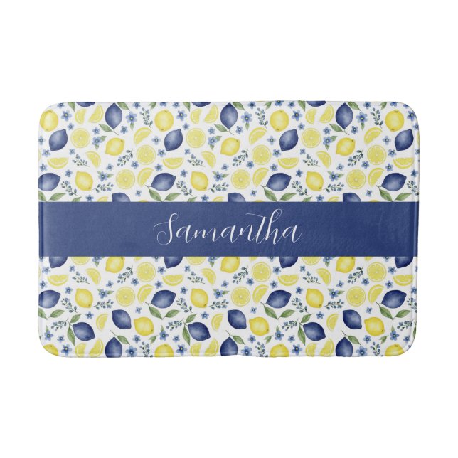 Tapis De Bain Blue French Country Lemon Pattern Monogram Name (Devant)