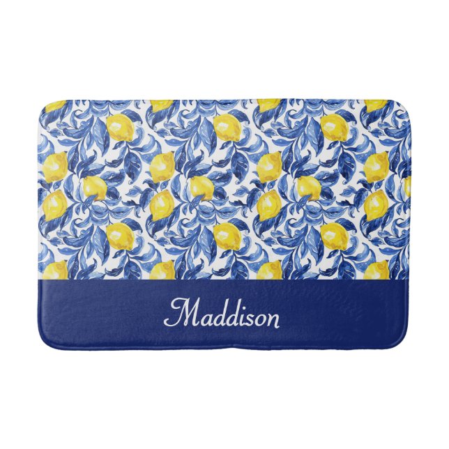 Tapis De Bain Blue French Country Lemon Pattern Monogram Name (Devant)