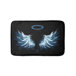 Tapis De Bain Blue Glowing Angel Wings on black background