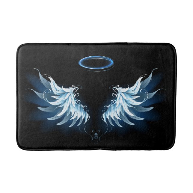 Tapis De Bain Blue Glowing Angel Wings on black background (Devant)